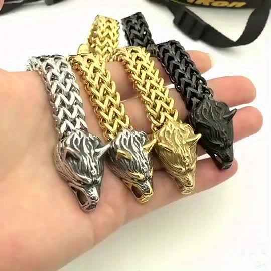 Men's Viking Celtic Wolf Head Mesh Chain Bracelet